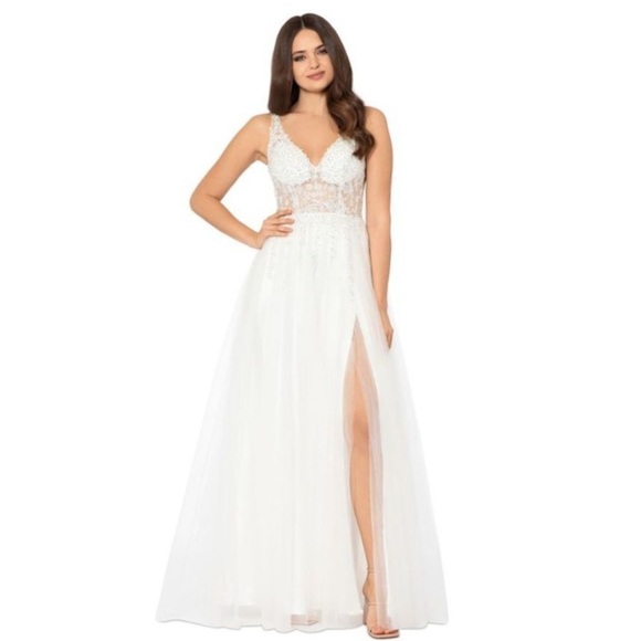 BLONDIE NITES Corset-style Mesh Line Sleeveless Dress Rhinestone Sheer ivory - Picture 2 of 16